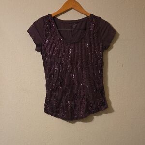 LOFT Purple Sequin Fitted Cap Sleeve Tee
